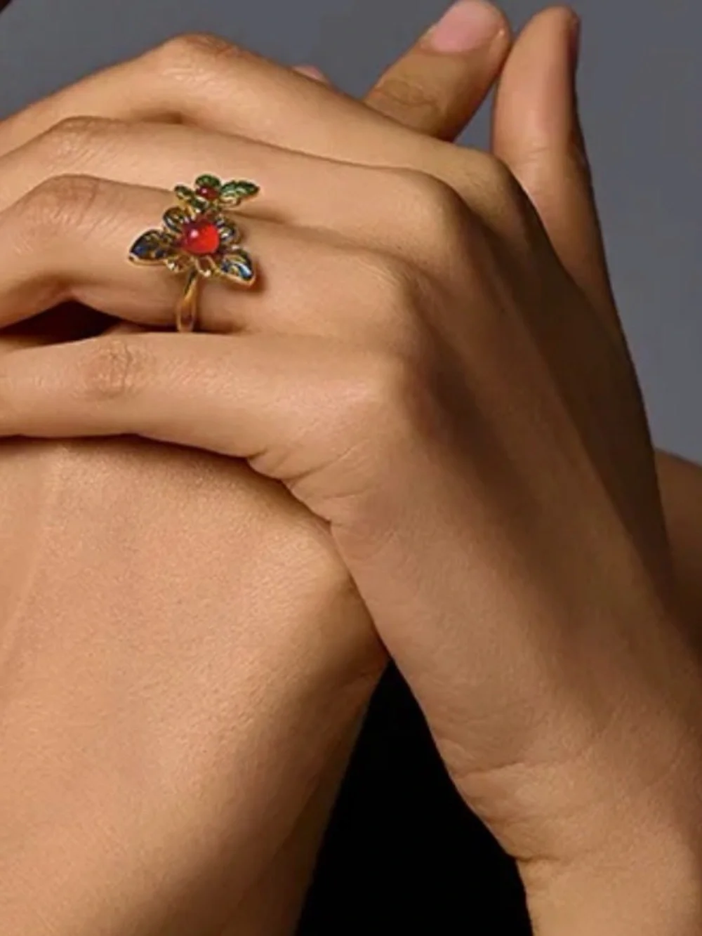 Gold Butterfly Ring with Red and Green Enamel Accents
